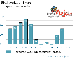 Wykres opadów dla: Shahroki, Iran
