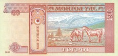 tugrik (tögrög) mongoliski - banknot rok 2002, 20 tugrik, rewers